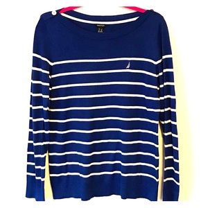 Nautica Classic Navy Blue and White Striped Women’s Sweater. Size Large.